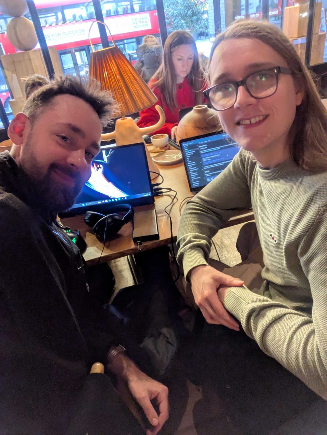 Yoann at a working session in a café with a founder