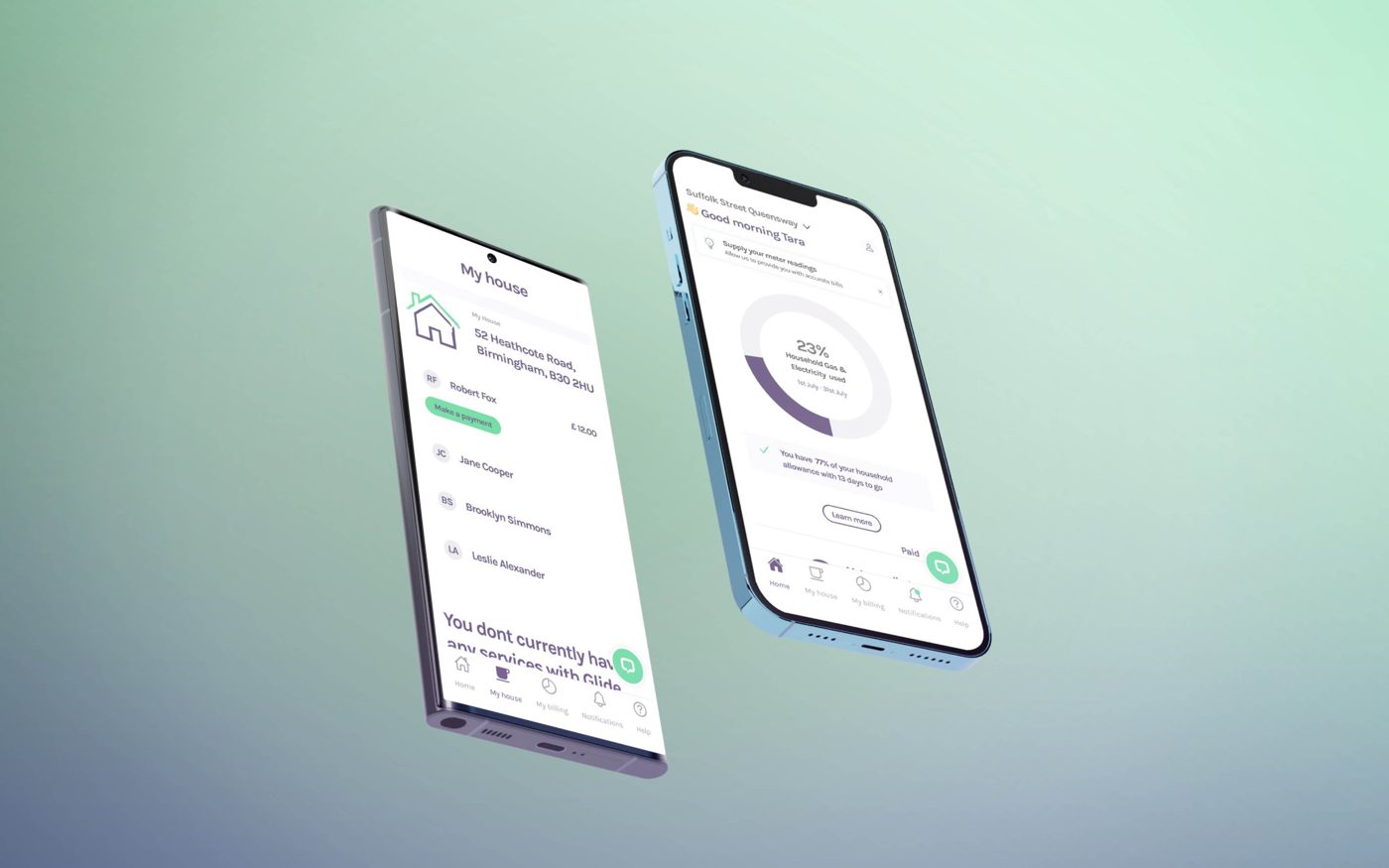 Glide app screens on two phones